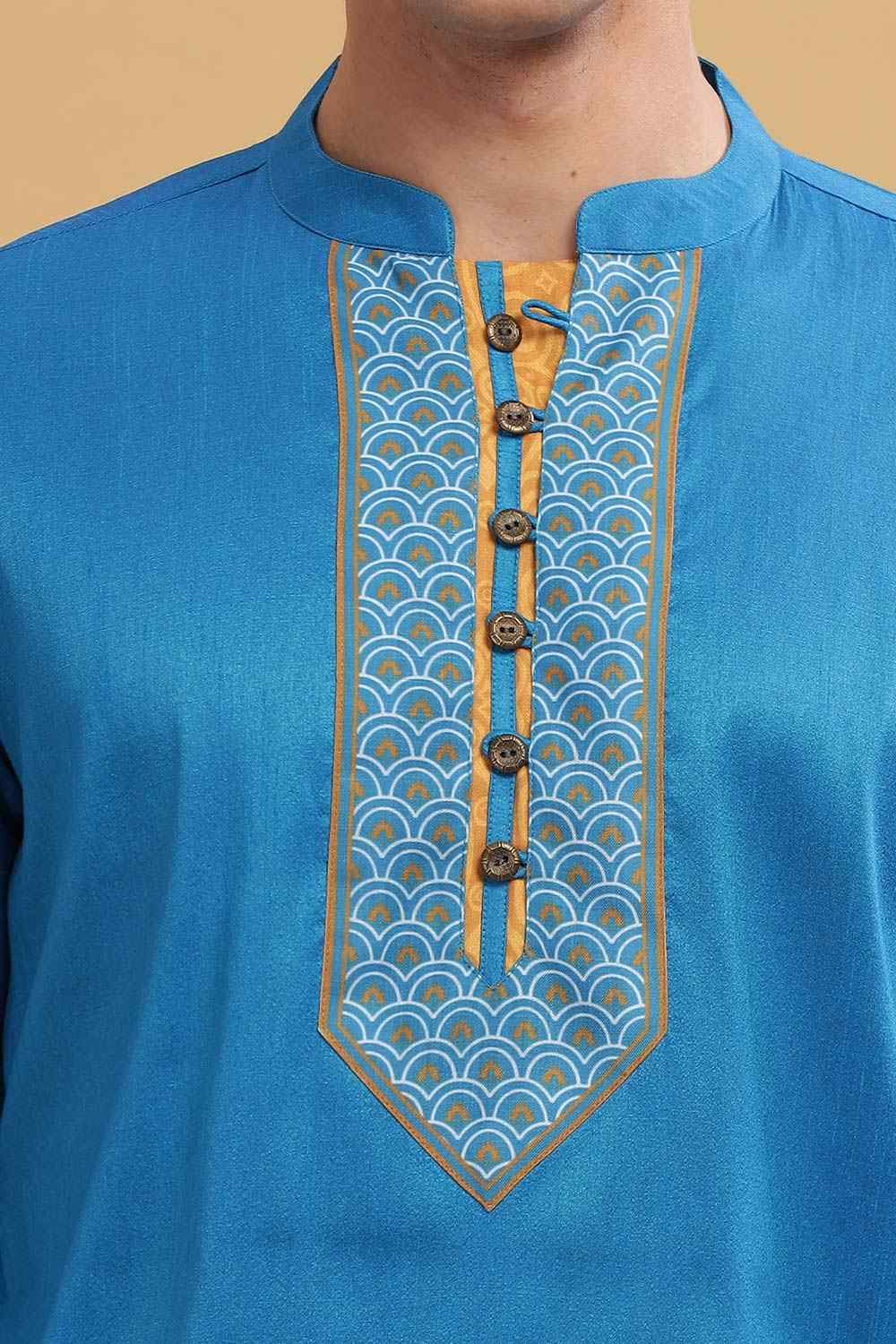 Men's Blue Poly Cotton Mandarin Collar Long Kurta