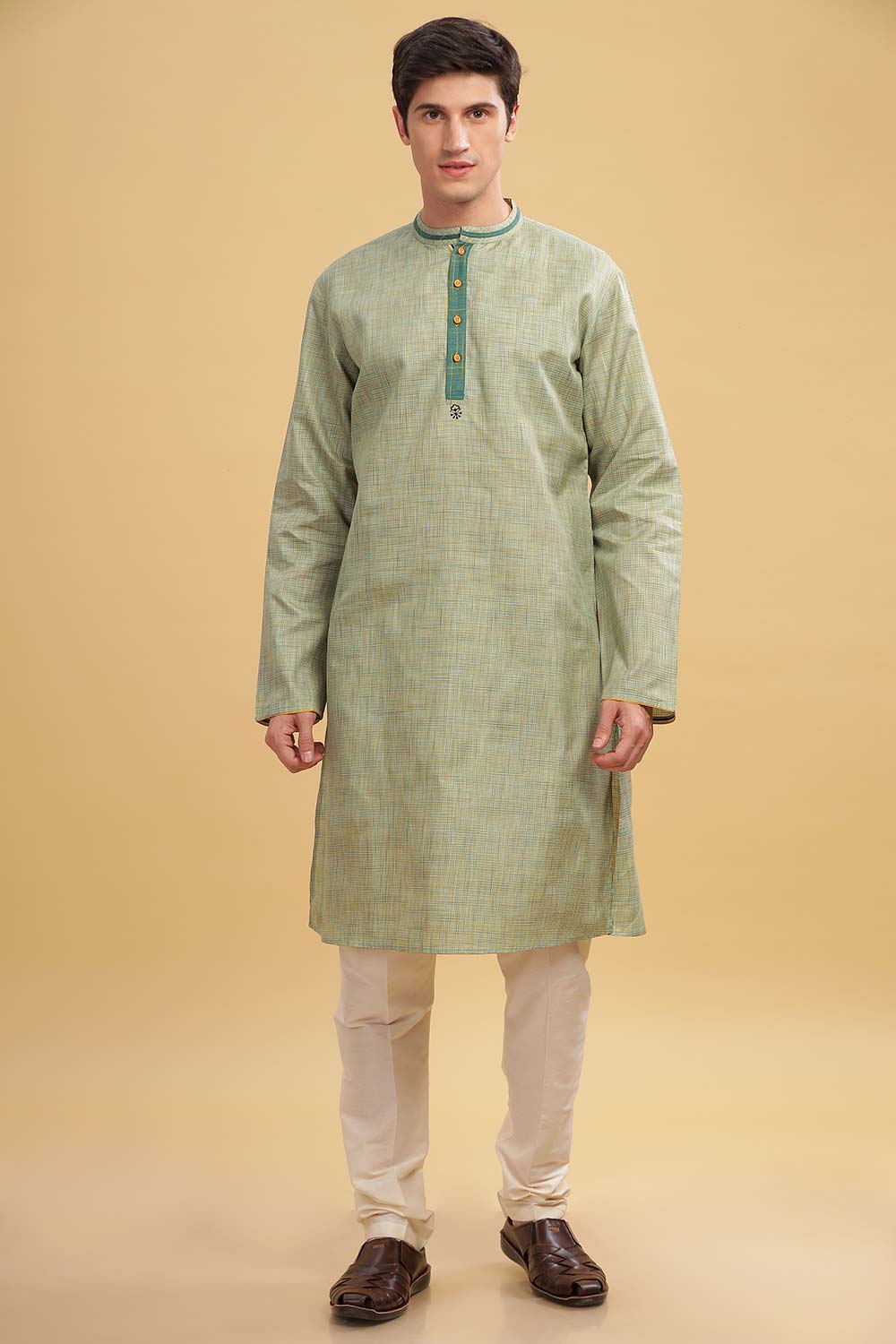 Men's Sea Green Poly Cotton Mandarin Collar Long Kurta