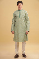 Men's Sea Green Poly Cotton Mandarin Collar Long Kurta