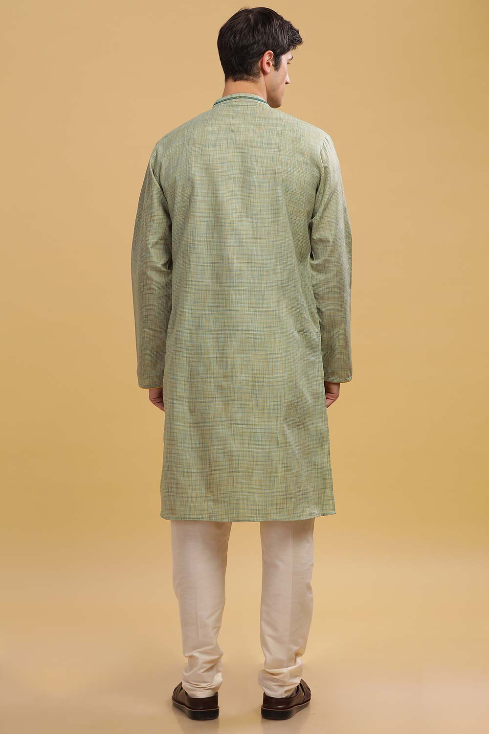 Men's Sea Green Poly Cotton Mandarin Collar Long Kurta