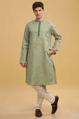 Men's Sea Green Poly Cotton Mandarin Collar Long Kurta