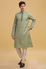 Men's Sea Green Poly Cotton Mandarin Collar Long Kurta