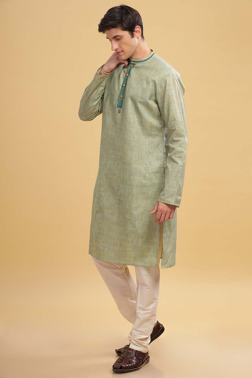 Men's Sea Green Poly Cotton Mandarin Collar Long Kurta