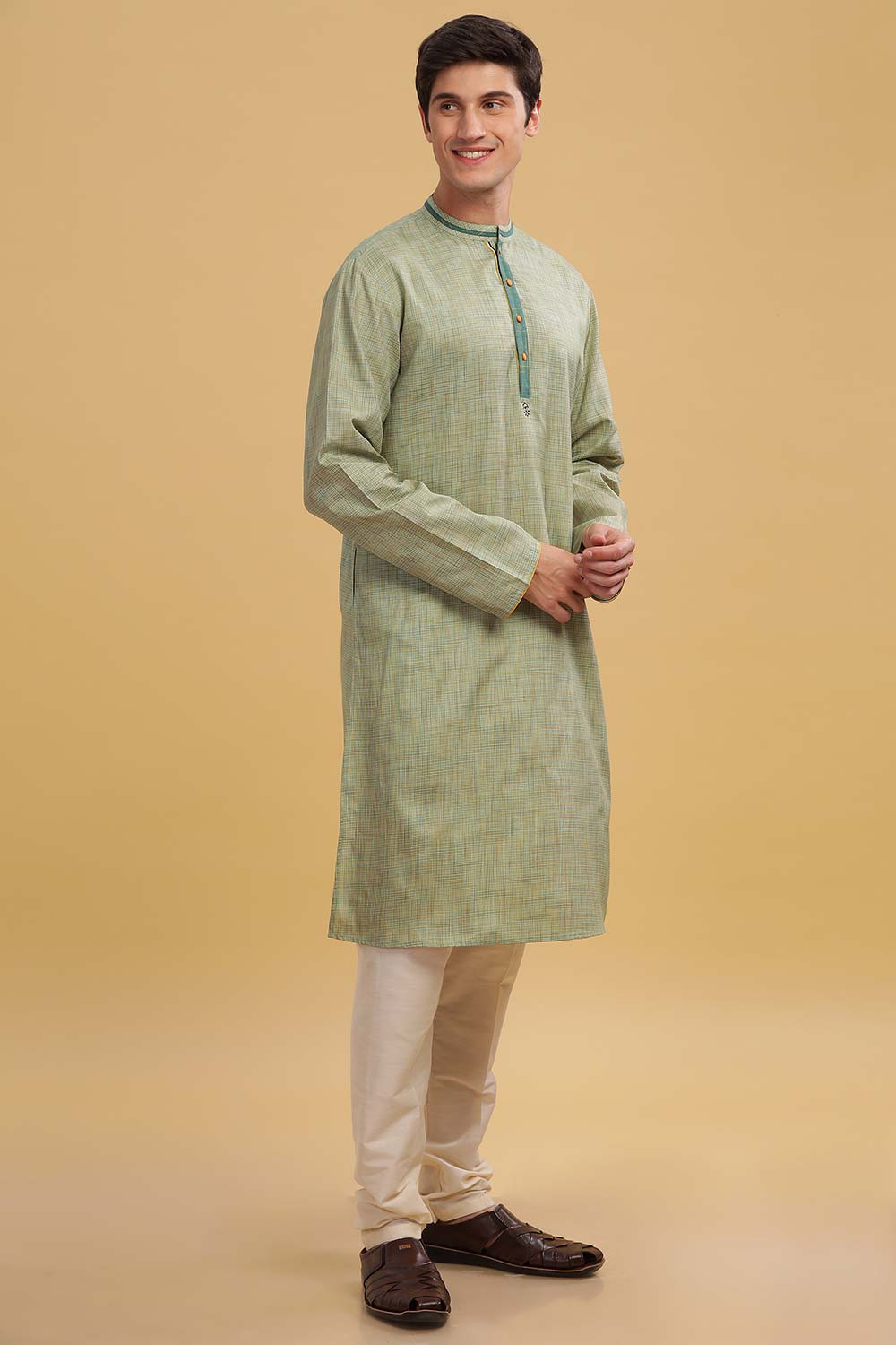 Men's Sea Green Poly Cotton Mandarin Collar Long Kurta