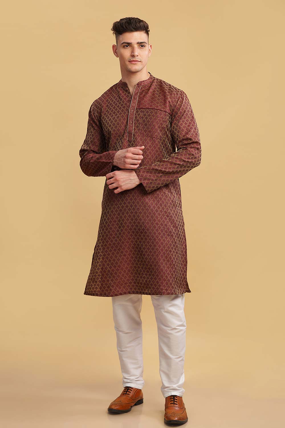 Men's Brown Poly Cotton Mandarin Collar Long Kurta