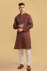 Men's Brown Poly Cotton Mandarin Collar Long Kurta