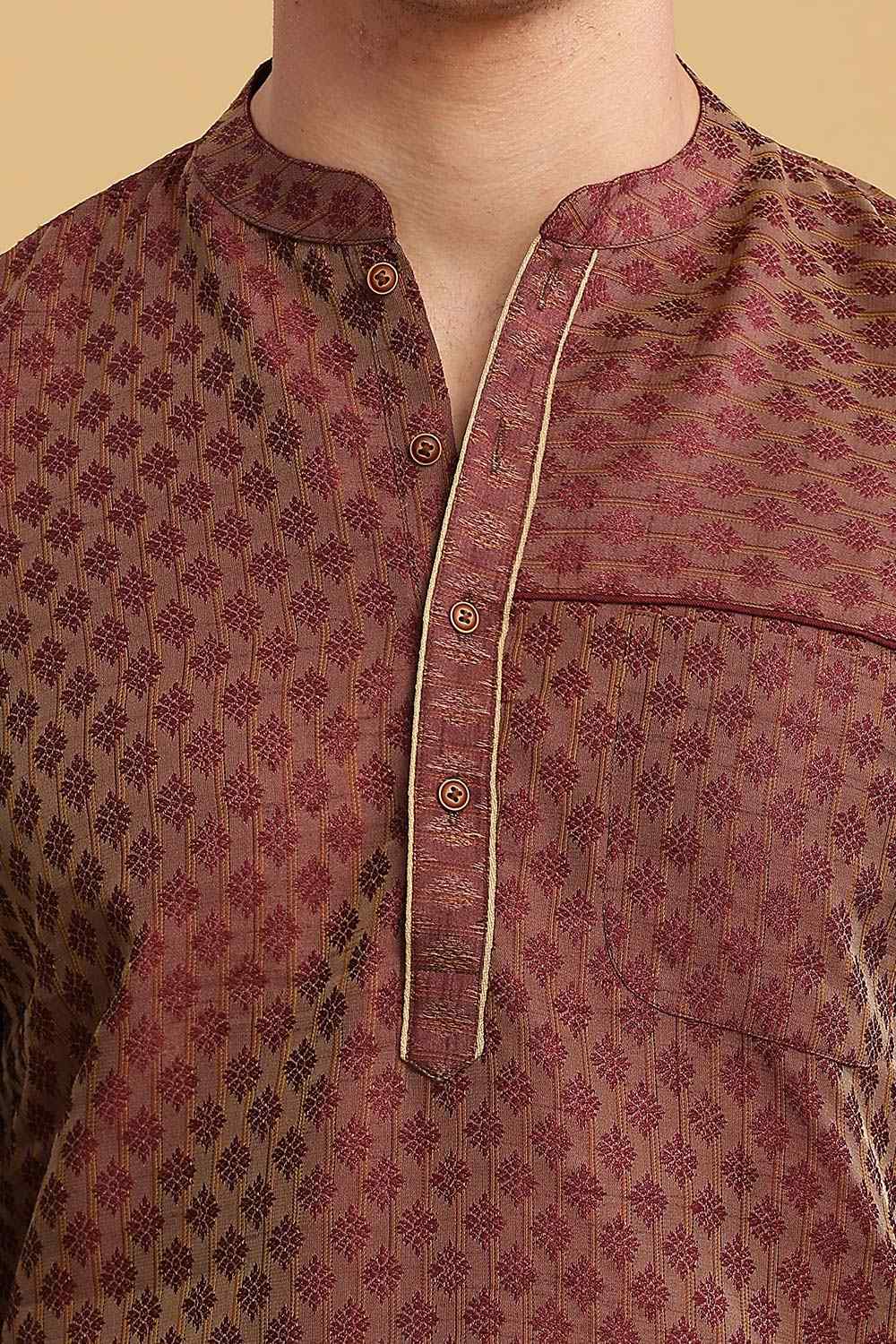 Men's Brown Poly Cotton Mandarin Collar Long Kurta