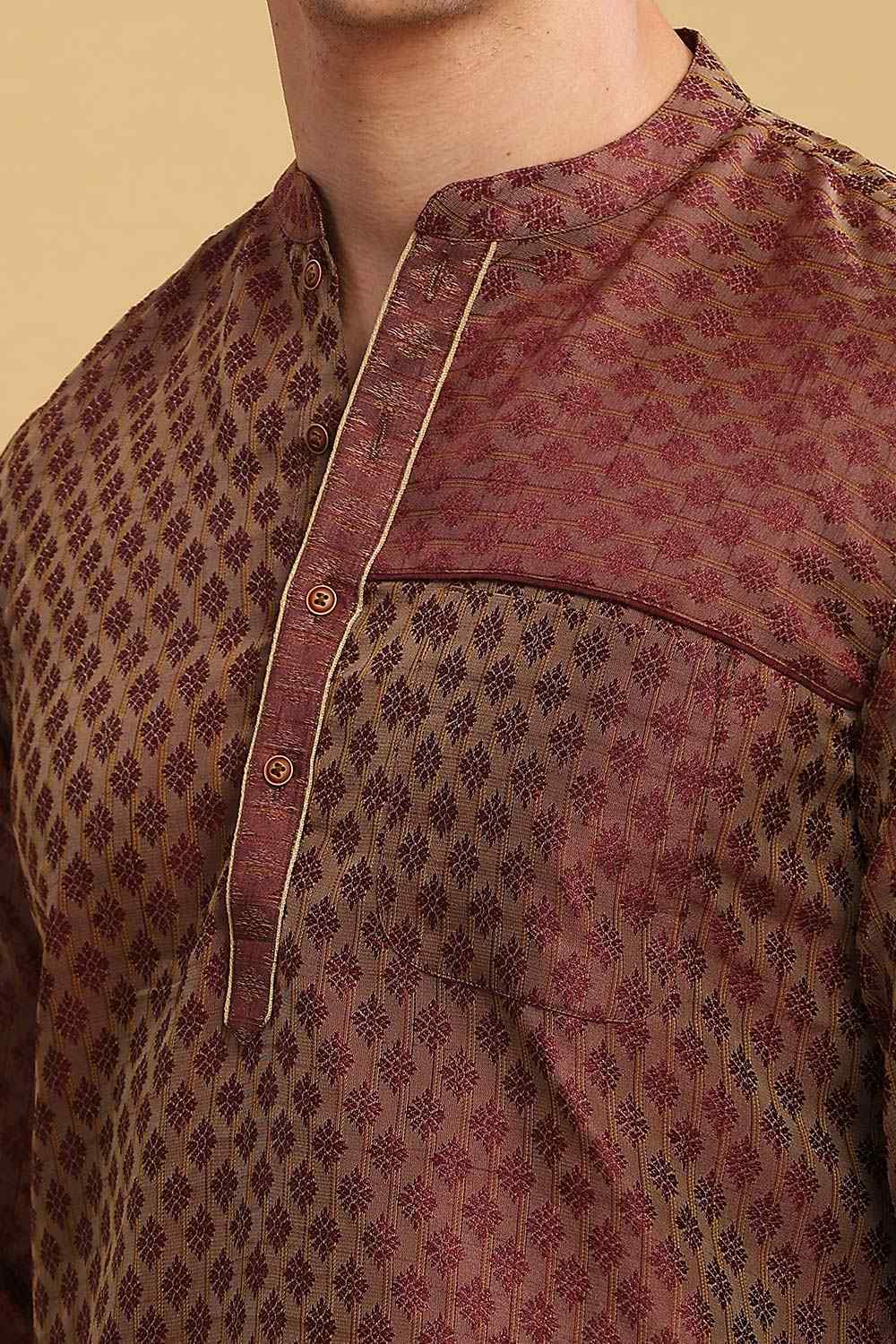 Men's Brown Poly Cotton Mandarin Collar Long Kurta