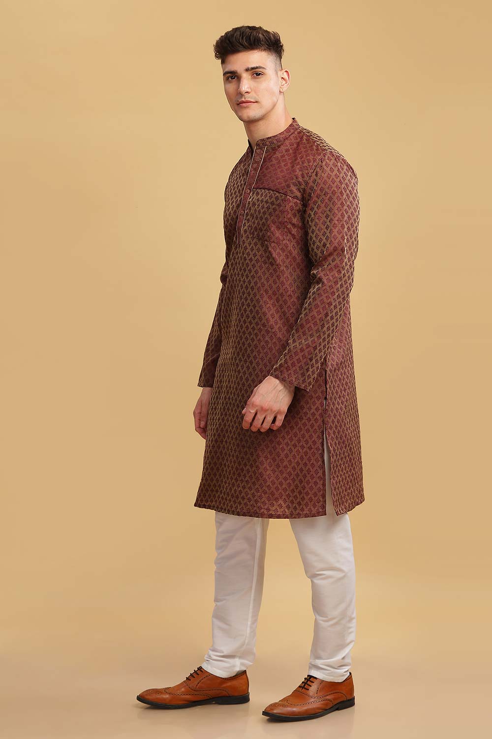 Men's Brown Poly Cotton Mandarin Collar Long Kurta