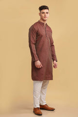 Men's Brown Poly Cotton Mandarin Collar Long Kurta