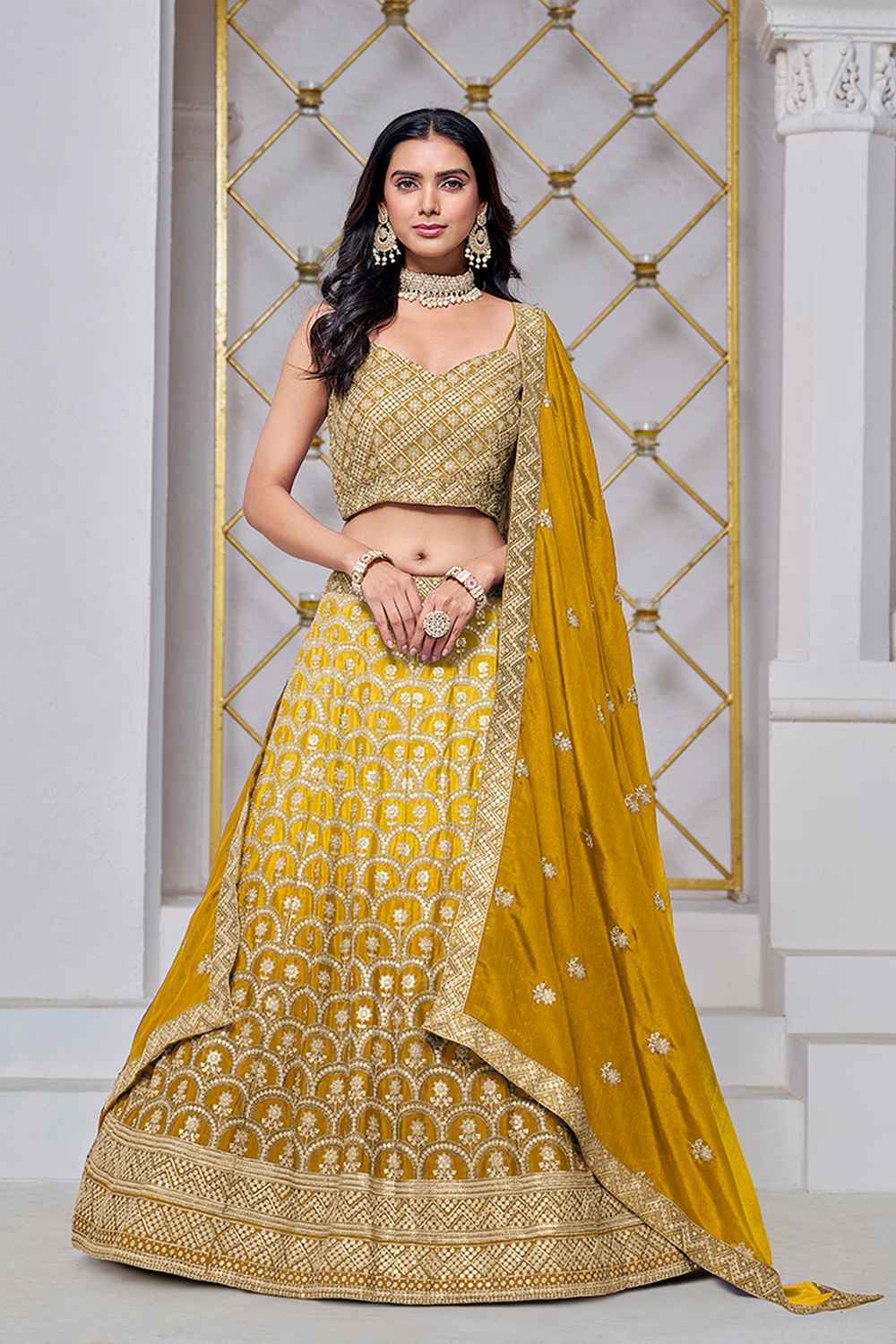 Yellow Embroidered Chiffon Lehenga Set