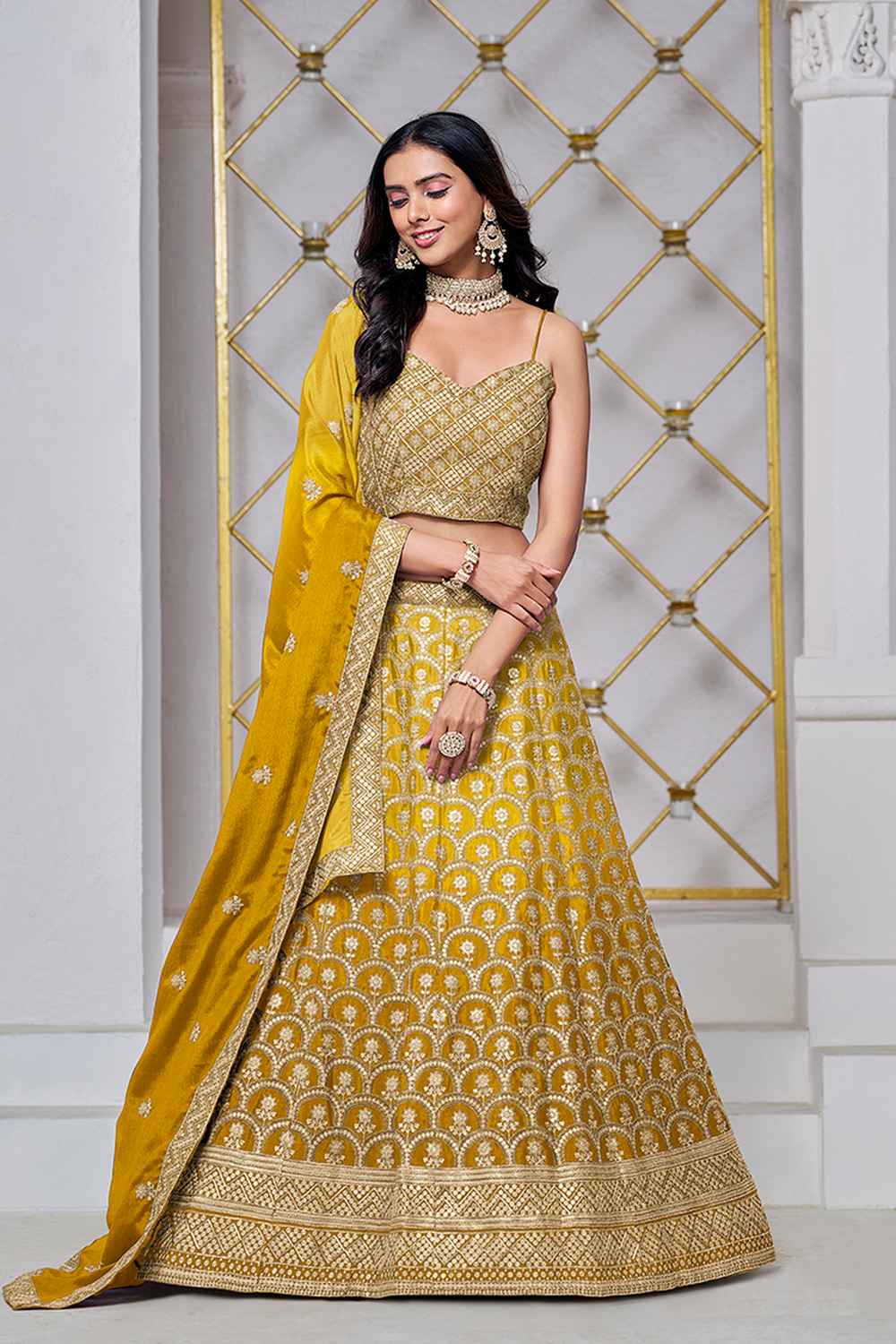 Yellow Embroidered Chiffon Lehenga Set