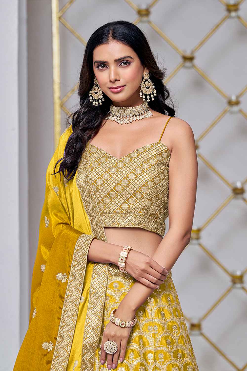 Yellow Embroidered Chiffon Lehenga Set