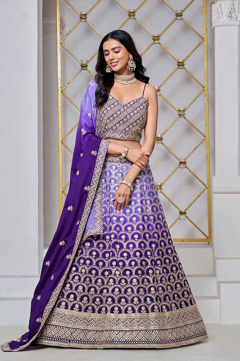 Violet Embroidered Chiffon Lehenga Set