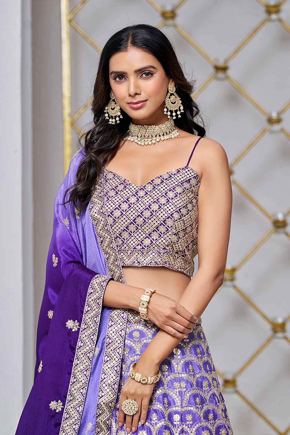 Violet Embroidered Chiffon Lehenga Set