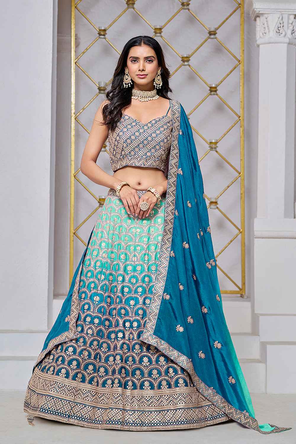 Blue Embroidered Chiffon Lehenga Set