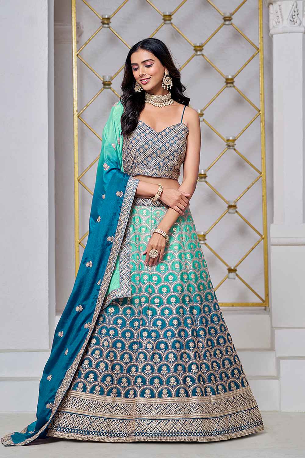 Blue Embroidered Chiffon Lehenga Set