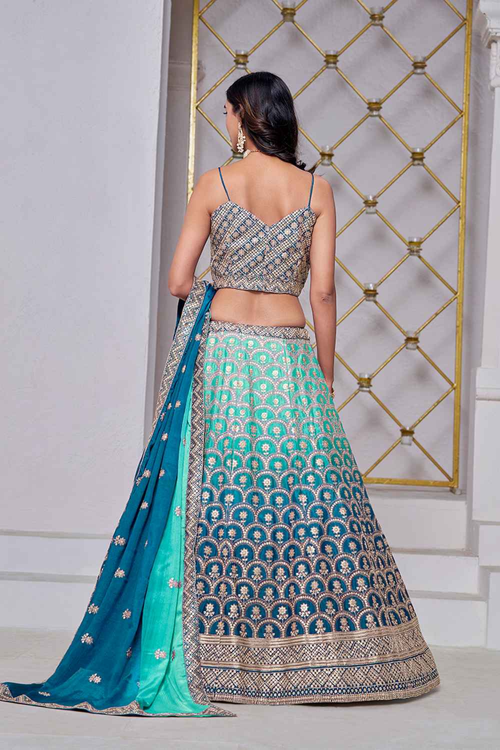 Blue Embroidered Chiffon Lehenga Set