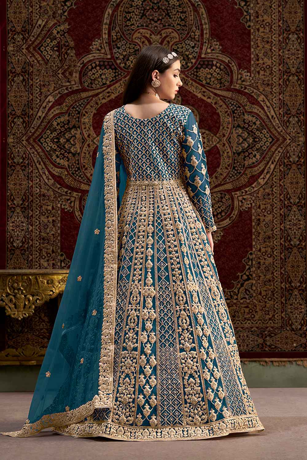 Turquoise Embroidered Net Salwar Kameez