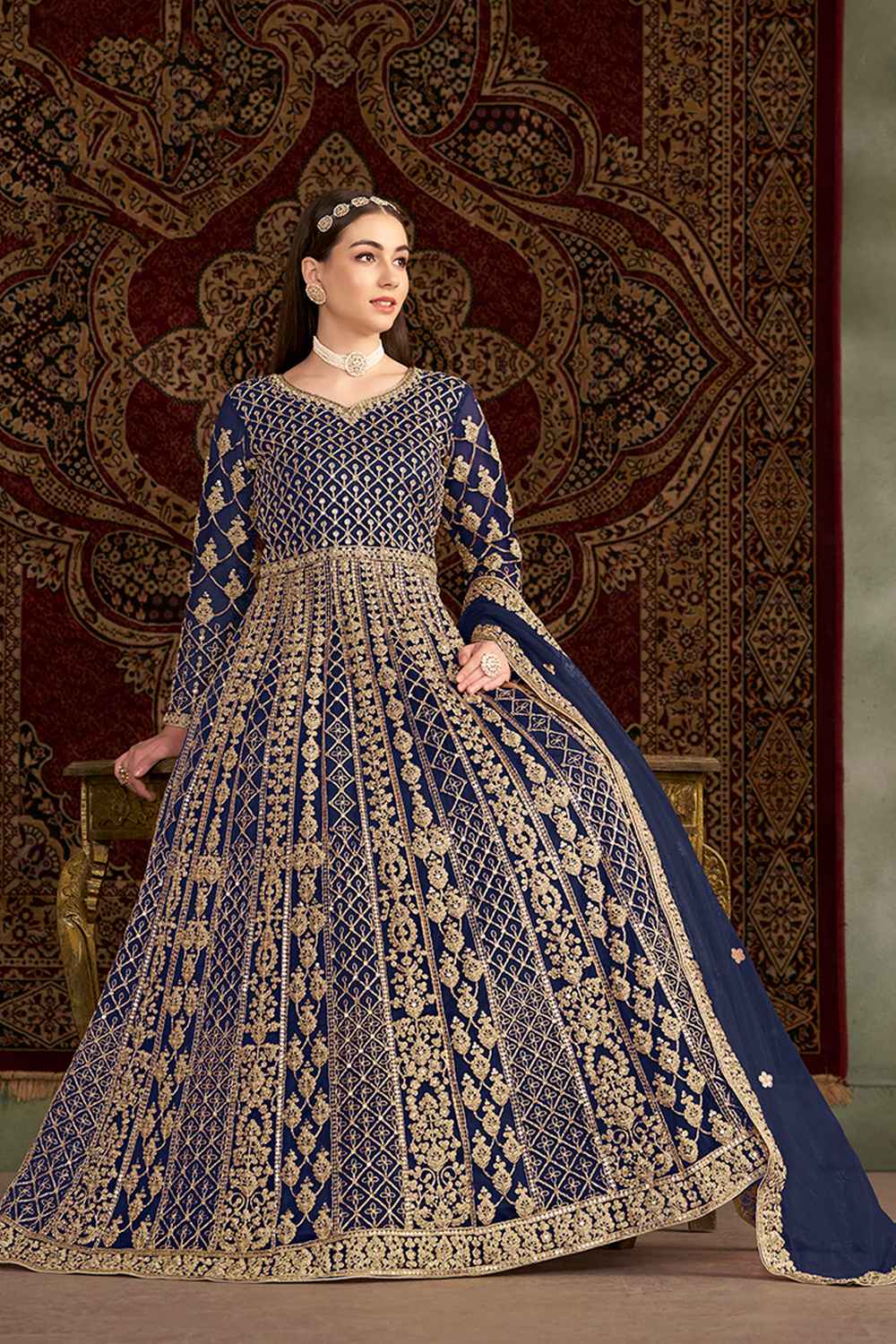 Blue Embroidered Net Salwar Kameez