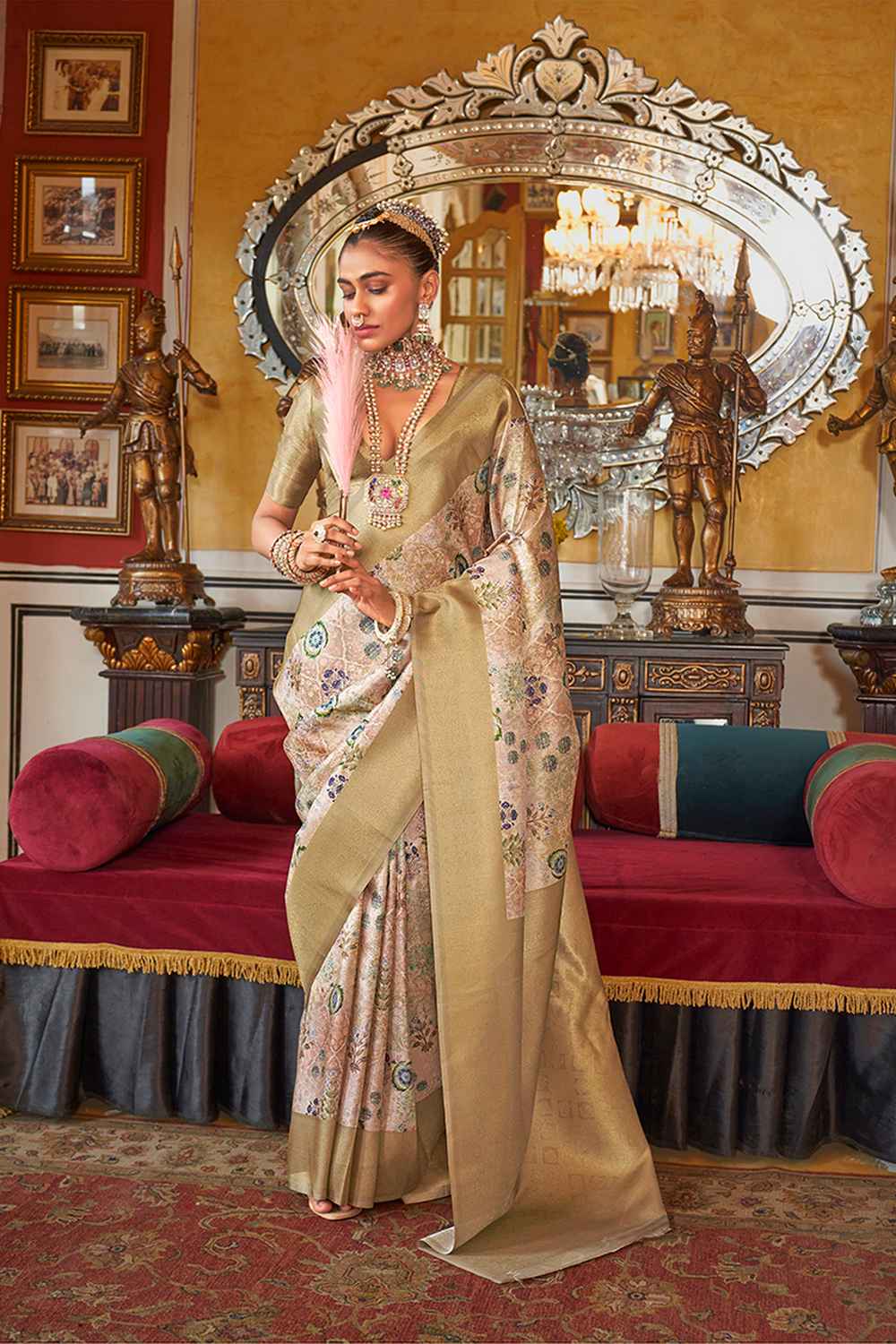 Beige Silk Printed Saree