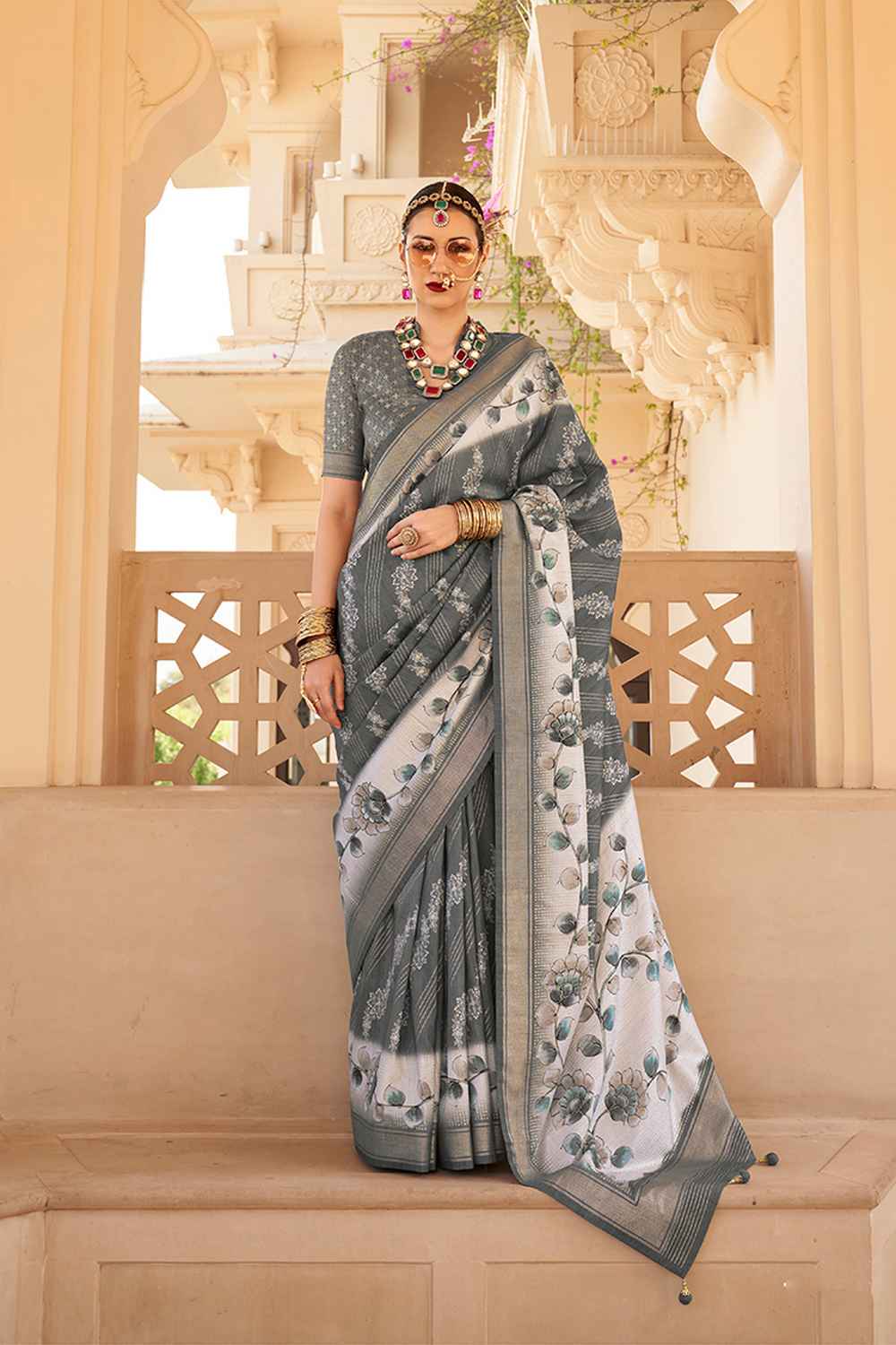 Grey Silk Printed Saree