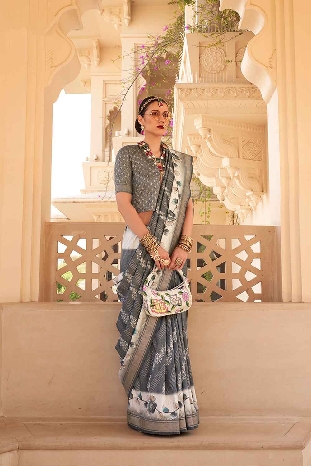 Grey Silk Printed Saree