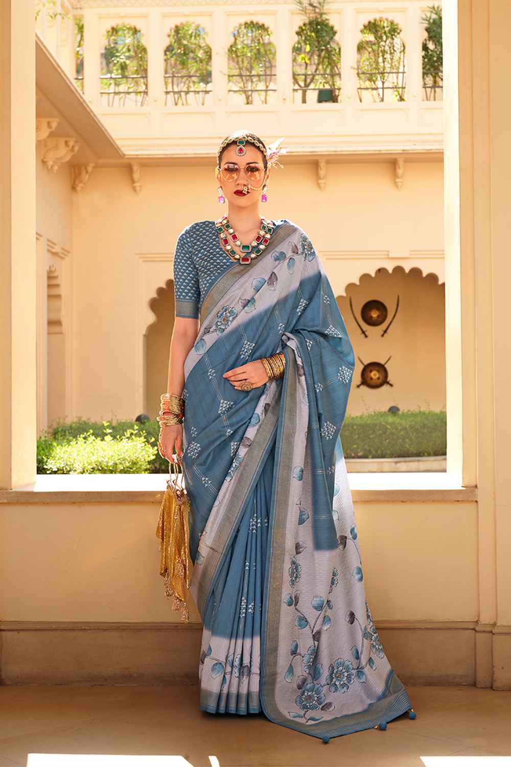 Blue Silk Printed Saree