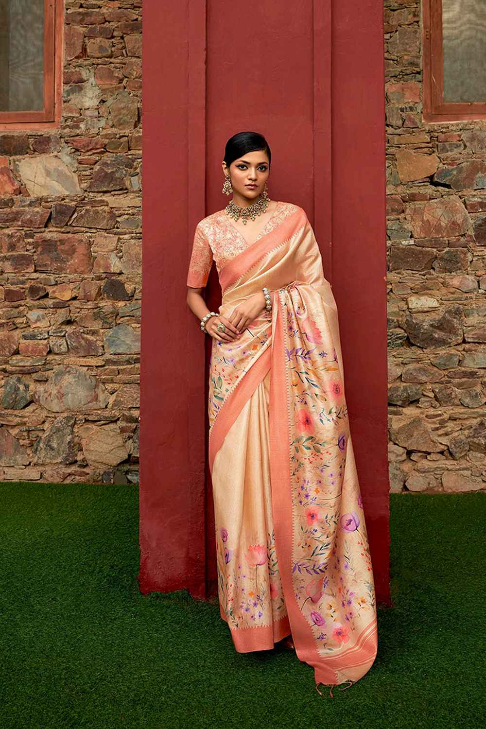 Orange Art Silk Printed Saree