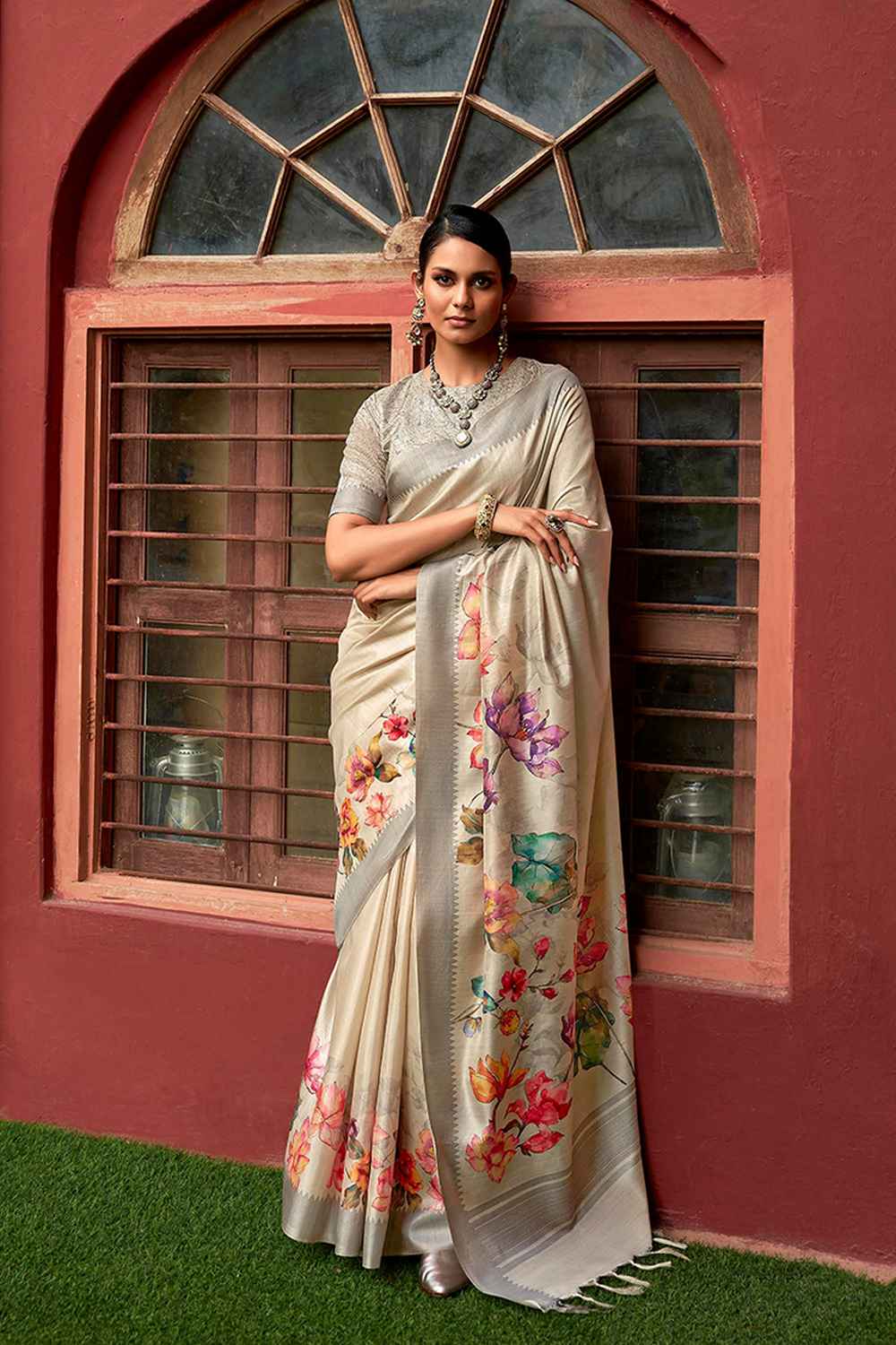 Grey Art Silk Printed Saree