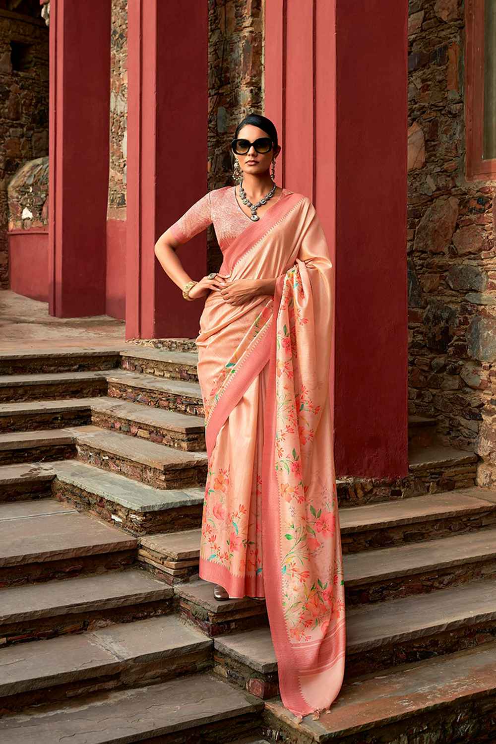 Orange Art Silk Printed Saree