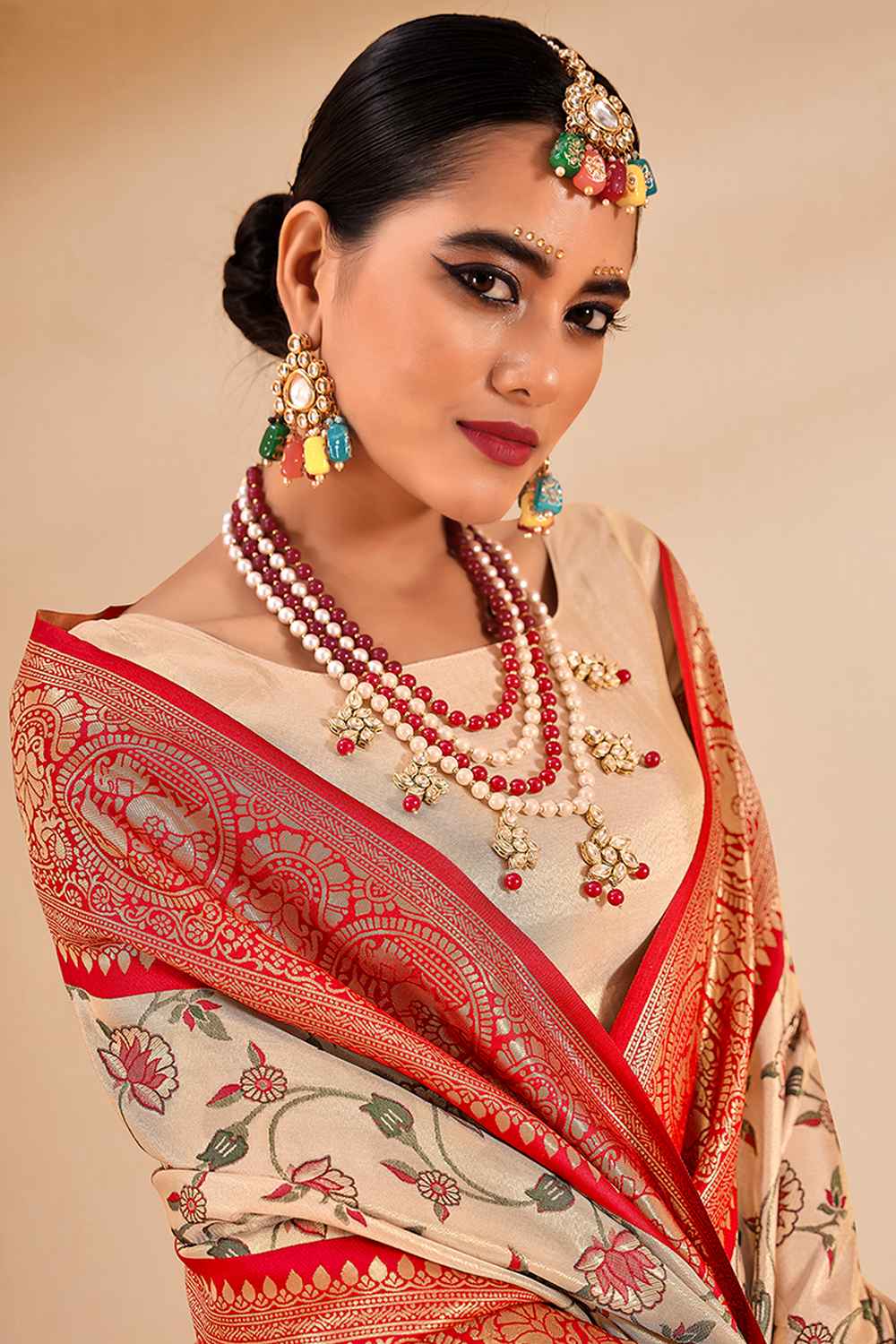 Beige Tissue Woven Saree