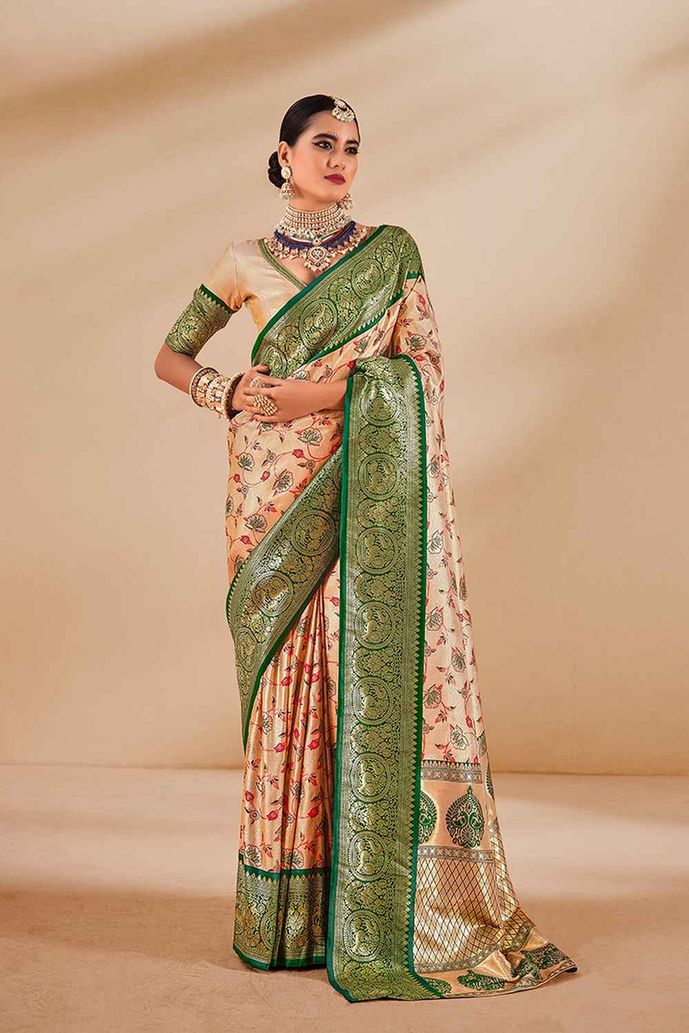 Beige Tissue Woven Saree