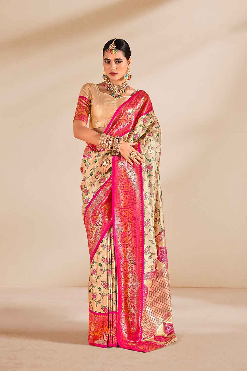 Beige Tissue Woven Saree