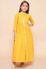 Mustard Georgette Printed Flared Round Neck Dresses