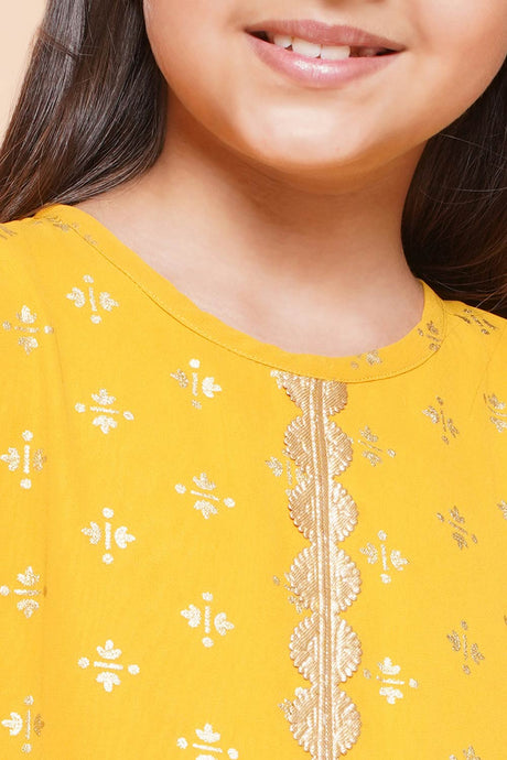 Mustard Georgette Printed Flared Round Neck Dresses