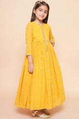 Mustard Georgette Printed Flared Round Neck Dresses