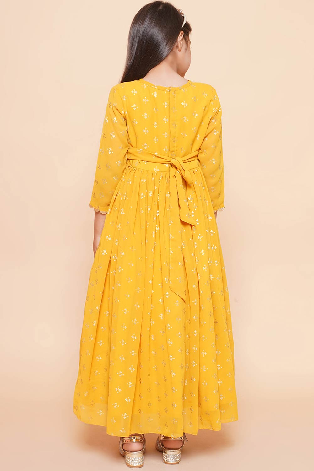 Mustard Georgette Printed Flared Round Neck Dresses