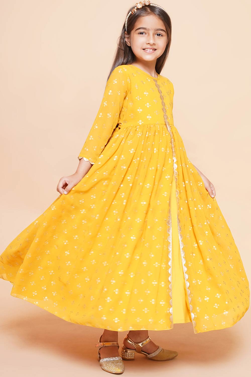 Mustard Georgette Printed Flared Round Neck Dresses