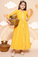 Mustard Georgette Printed Flared Round Neck Dresses