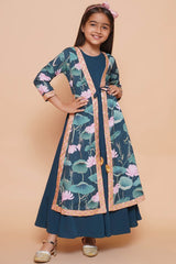 Green Polyester Printed Flared Round Neck Dresses