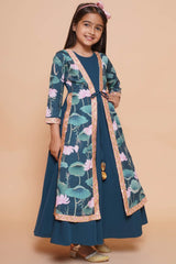 Green Polyester Printed Flared Round Neck Dresses