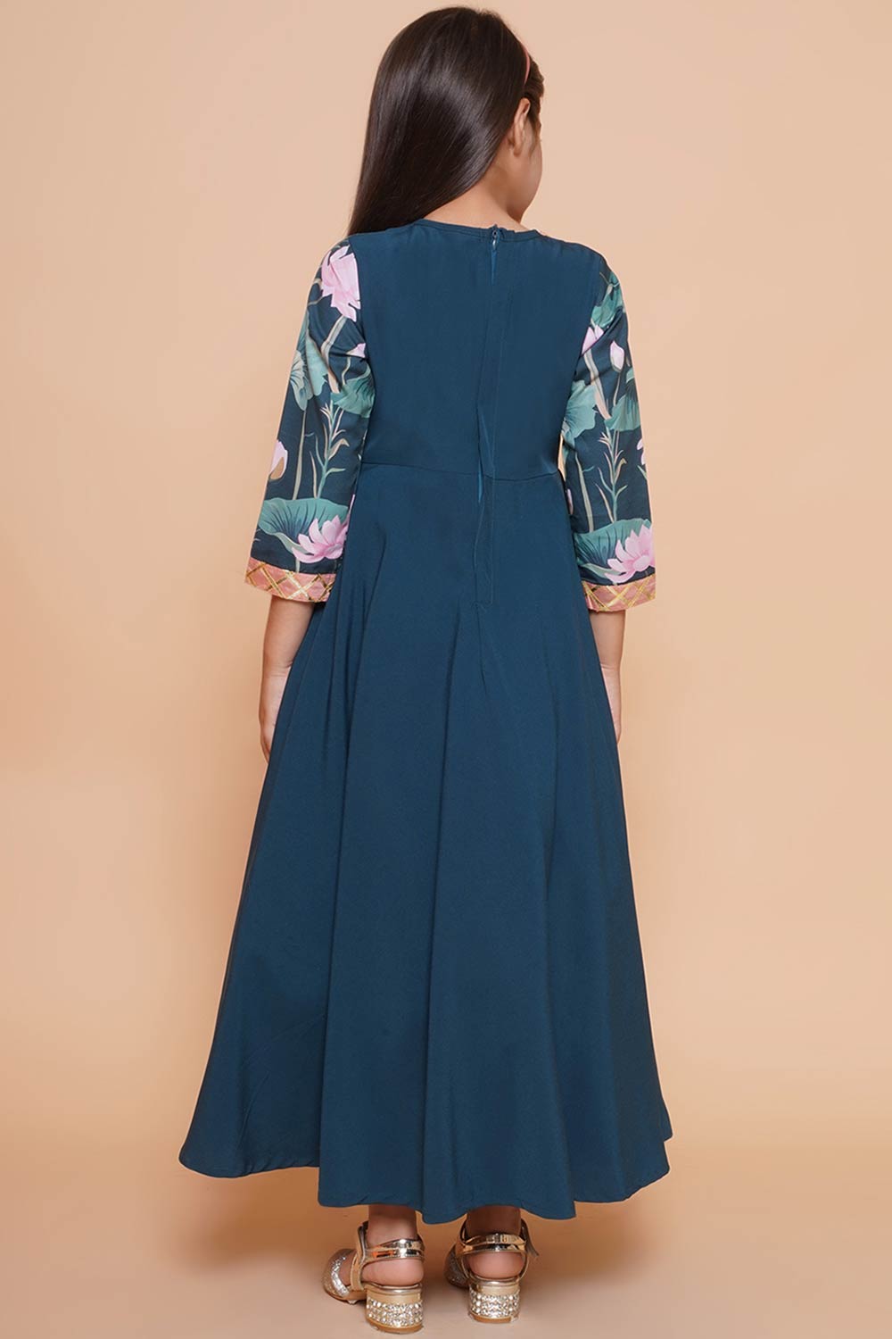 Green Polyester Printed Flared Round Neck Dresses