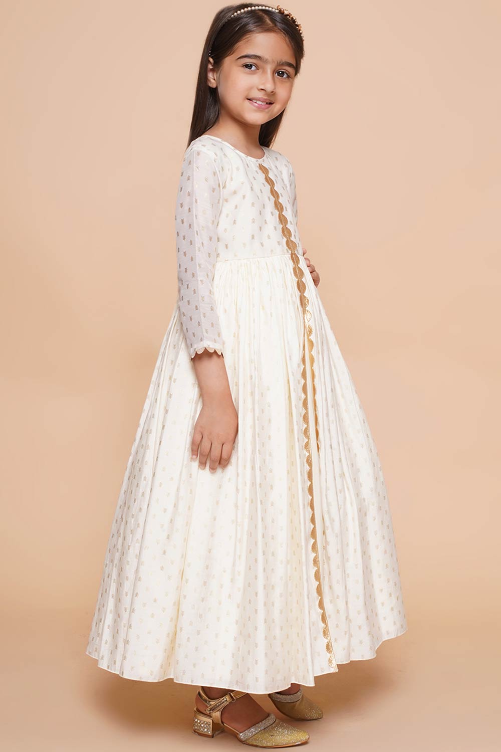 Off White Polyester Printed Straight Round Neck Dresses