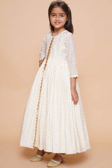 Off White Polyester Printed Straight Round Neck Dresses