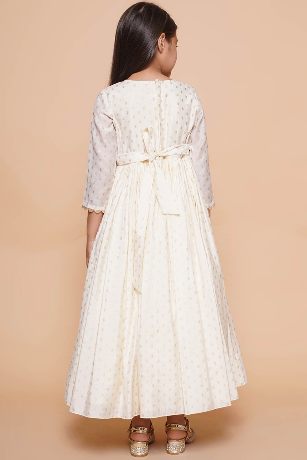 Off White Polyester Printed Straight Round Neck Dresses