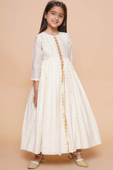 Off White Polyester Printed Straight Round Neck Dresses