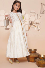 Off White Polyester Printed Straight Round Neck Dresses