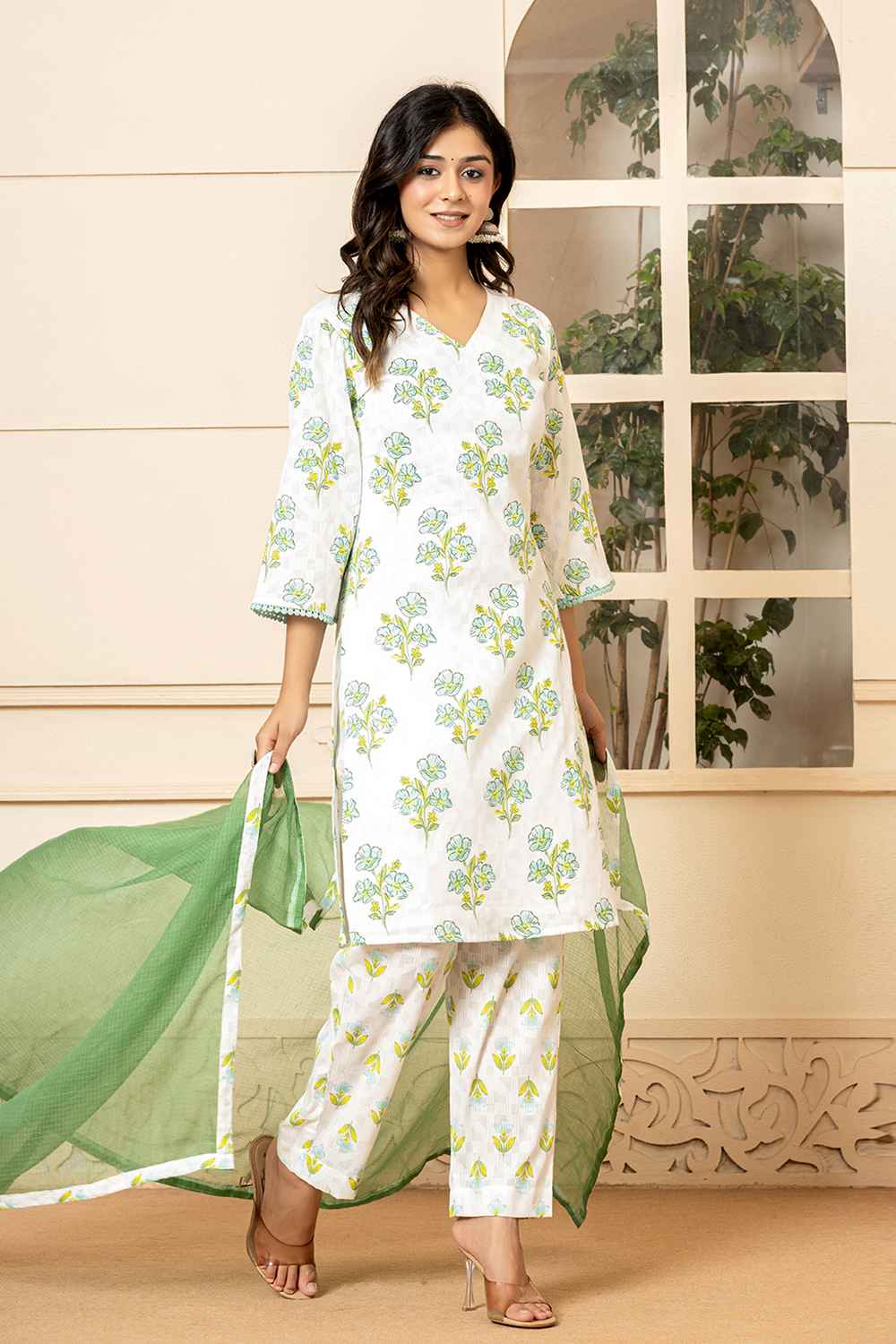 Multi-Color Floral Print Pure Cotton Kurti Set