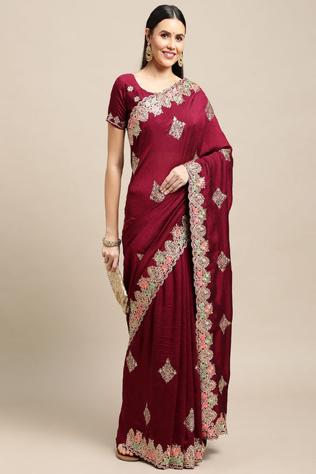 Women's Red Rangoli Silk Embroidery Lace Work Saree